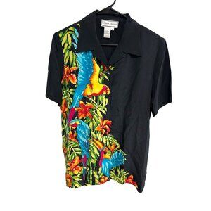 Diane Gilman Black Tropical Parrot Print Silk Button Up Shirt SZ Medium